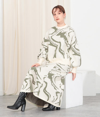 マーブルジャガード アシンメトリー スリーブ トップス セーター 363-8921