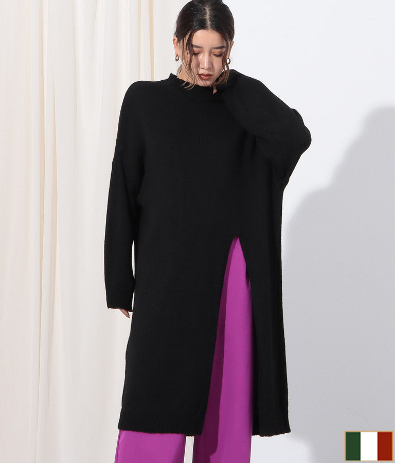 ウール混フロント片側スリットデザインロングニットトップス