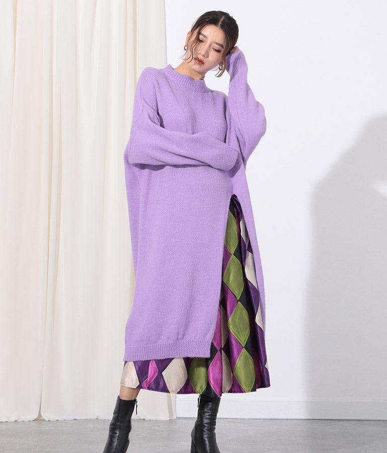 ウール混フロント片側スリットデザインロングニットトップス 393-2791