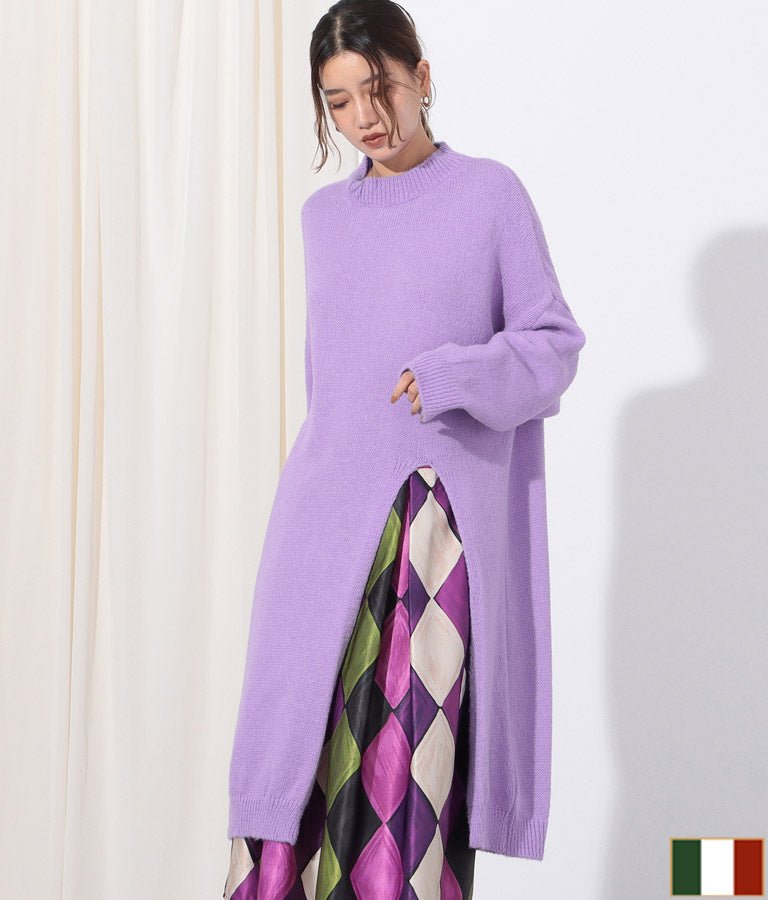 ウール混フロント片側スリットデザインロングニットトップス 393-2791