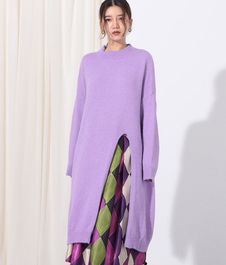 ウール混フロント片側スリットデザインロングニットトップス 393-2791