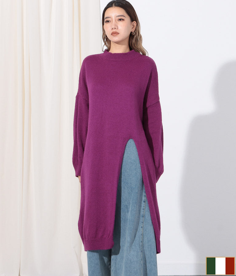 ウール混フロント片側スリットデザインロングニットトップス 393-2791