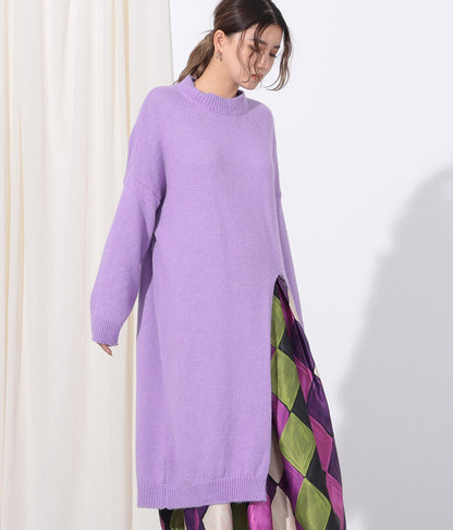 ウール混フロント片側スリットデザインロングニットトップス 393-2791