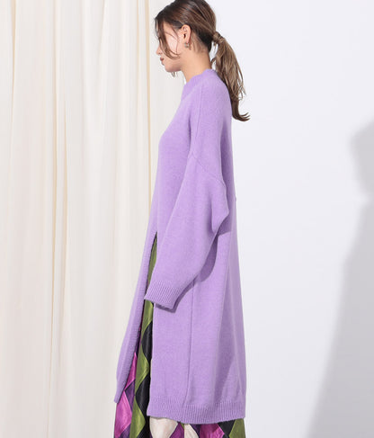 ウール混フロント片側スリットデザインロングニットトップス 393-2791