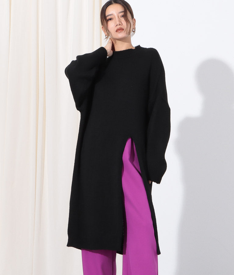 ウール混フロント片側スリットデザインロングニットトップス 393-2791