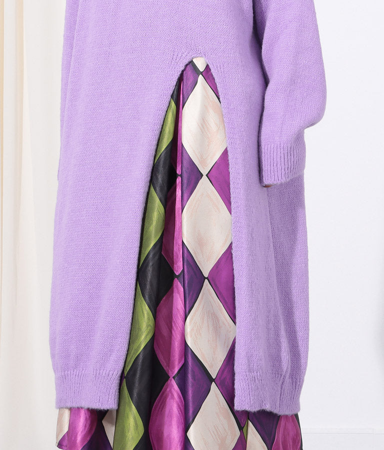 ウール混フロント片側スリットデザインロングニットトップス 393-2791