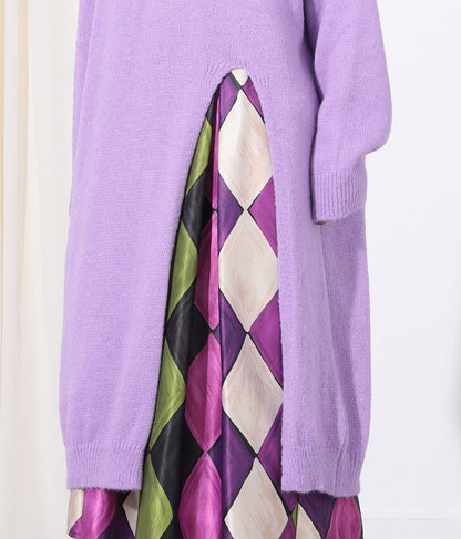 ウール混フロント片側スリットデザインロングニットトップス 393-2791