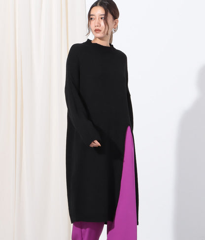 ウール混フロント片側スリットデザインロングニットトップス 393-2791