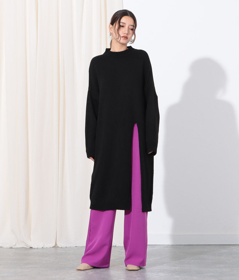 ウール混フロント片側スリットデザインロングニットトップス 393-2791