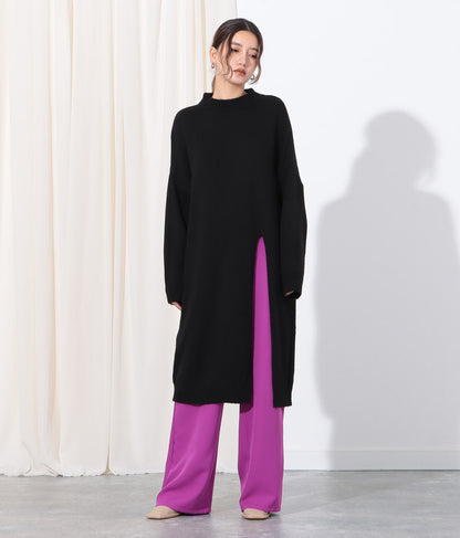 ウール混フロント片側スリットデザインロングニットトップス 393-2791