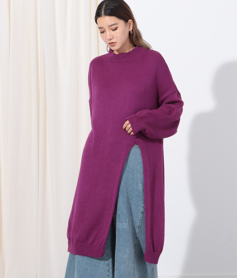 ウール混フロント片側スリットデザインロングニットトップス 393-2791