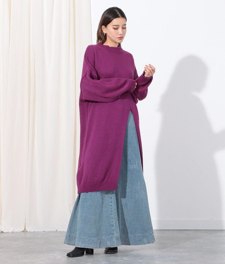 ウール混フロント片側スリットデザインロングニットトップス 393-2791