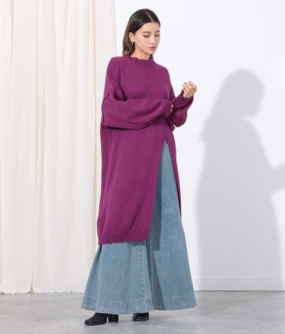 ウール混フロント片側スリットデザインロングニットトップス 393-2791