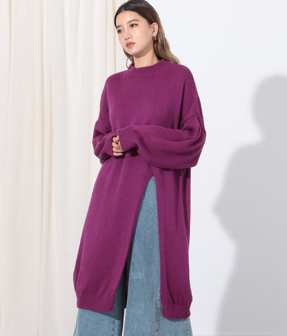ウール混フロント片側スリットデザインロングニットトップス 393-2791