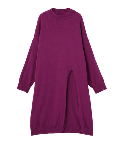 ウール混フロント片側スリットデザインロングニットトップス 393-2791