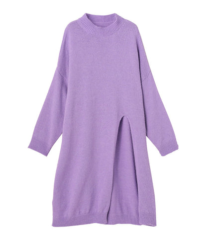 ウール混フロント片側スリットデザインロングニットトップス 393-2791