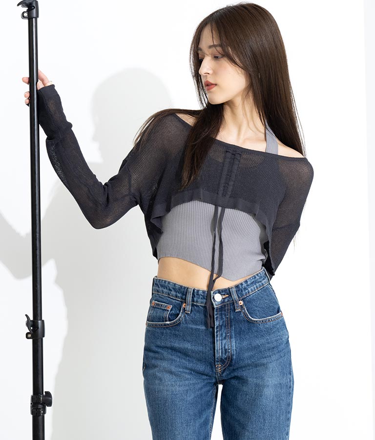 ホルタータンク フロント ギャザー ニット トップス セット 158-5434