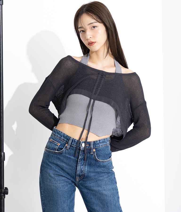 ホルタータンクフロントギャザーニットトップスセット