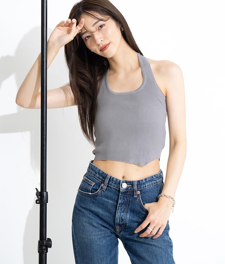 ホルタータンク フロント ギャザー ニット トップス セット 158-5434