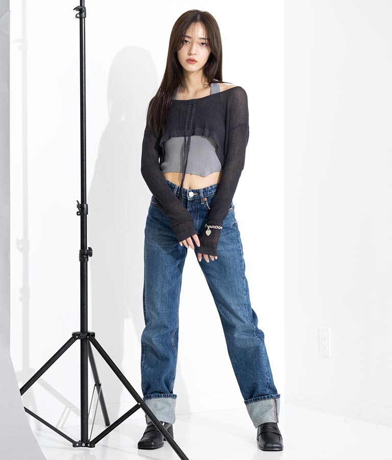 ホルタータンク フロント ギャザー ニット トップス セット 158-5434