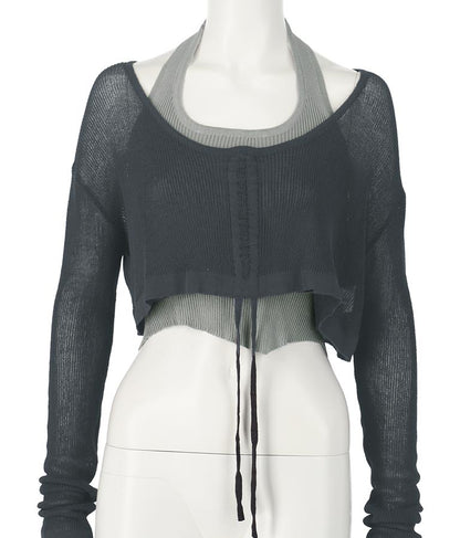 ホルタータンク フロント ギャザー ニット トップス セット 158-5434