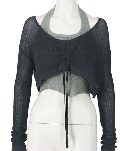 ホルタータンク フロント ギャザー ニット トップス セット 158-5434