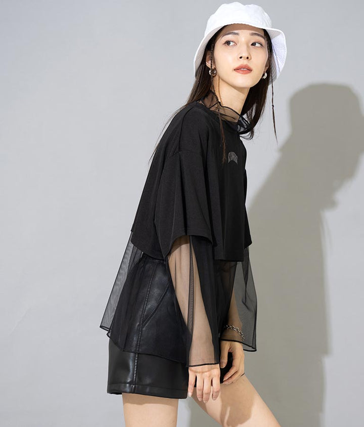 刺繍ミニTシャツ×シアーチュールロンTセット