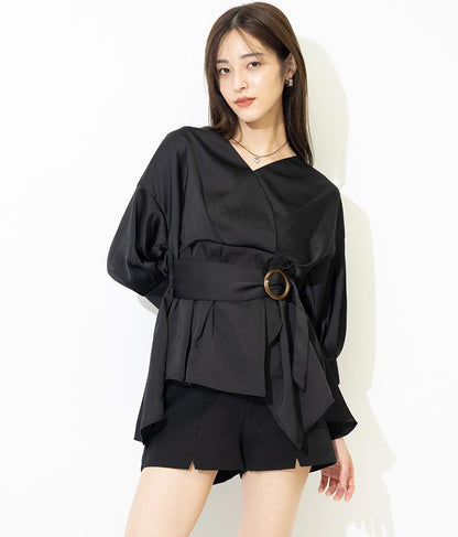 バックル付カシュクールデザインサテンブラウス 793-8966