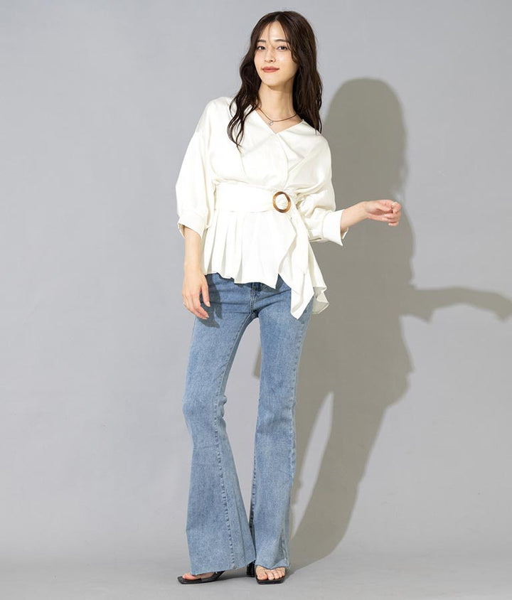 バックル付カシュクールデザインサテンブラウス 793-8966