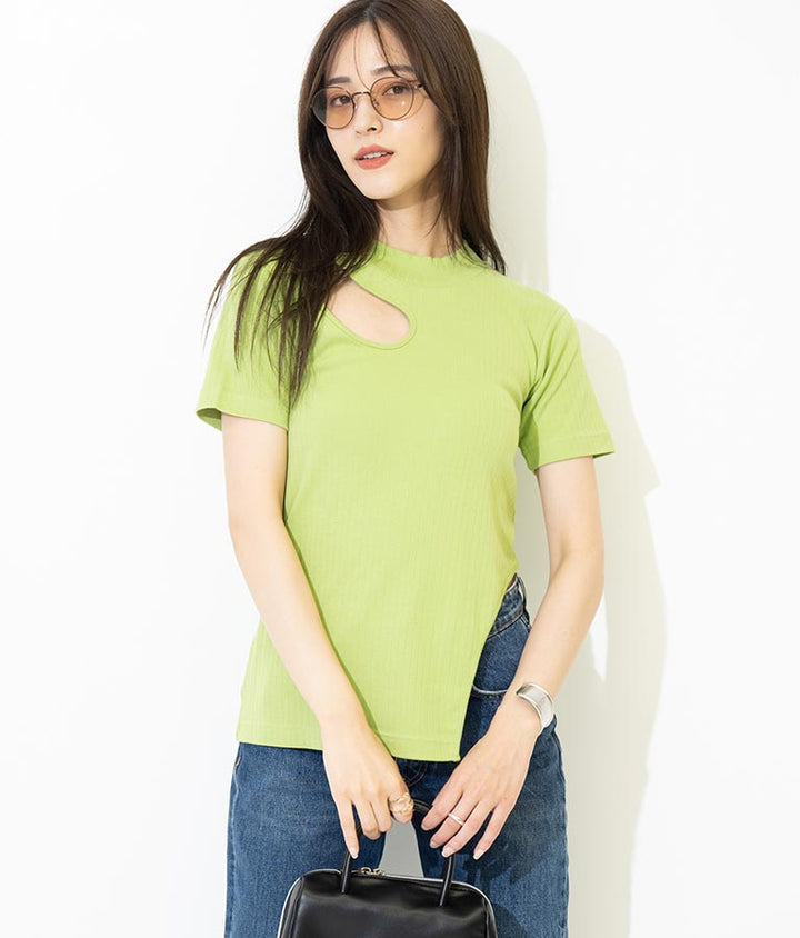 テレコリブカットアウトアシンメトリーヘムトップスTシャツ 793-8903