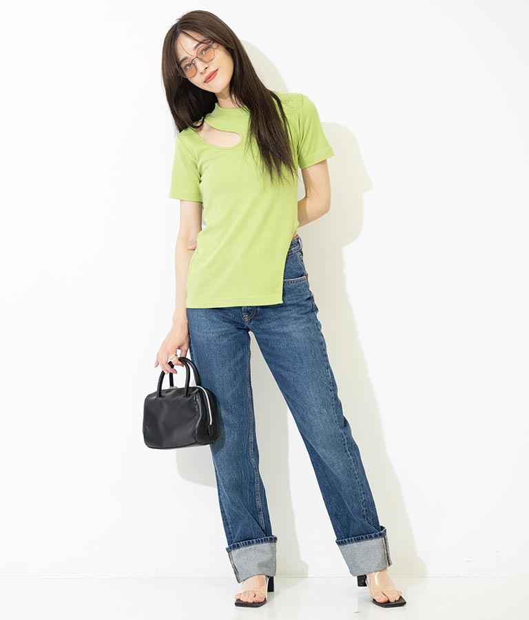 テレコリブカットアウトアシンメトリーヘムトップスTシャツ 793-8903