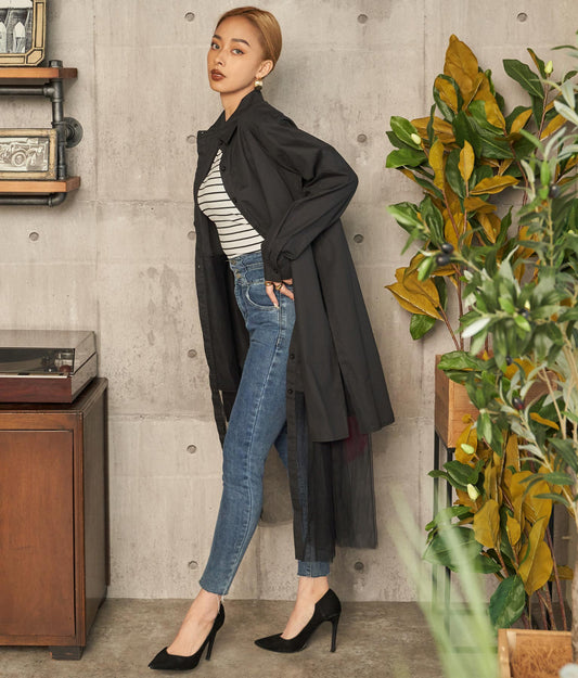 レイヤード風 チュール ヘム ロングシャツ 404-8298