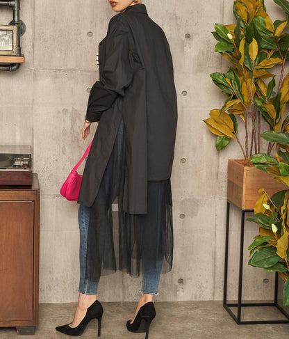 レイヤード風 チュール ヘム ロングシャツ 404-8298