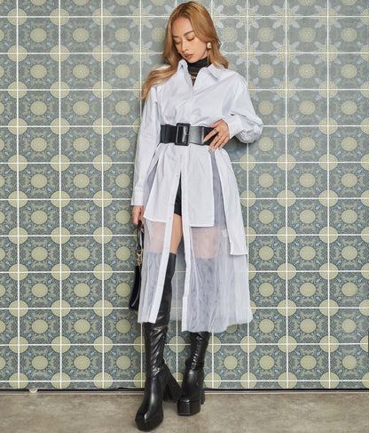レイヤード風 チュール ヘム ロングシャツ 404-8298