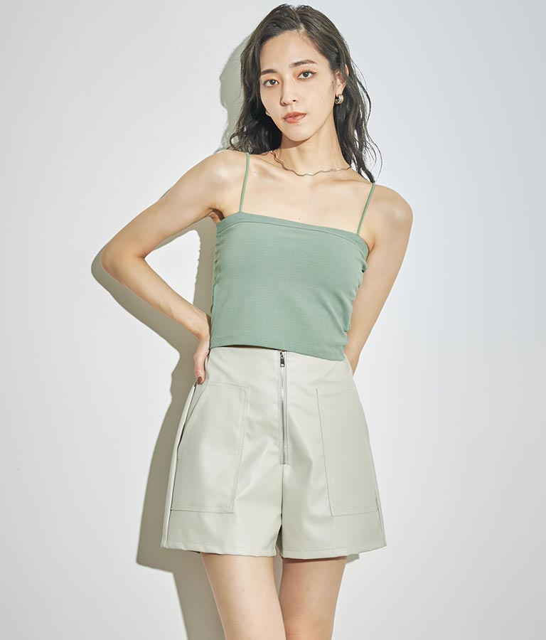 ジップデザインフェイクレザーハイウエストショートパンツ 152-5439