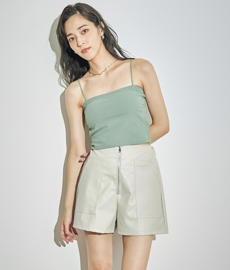 ジップデザインフェイクレザーハイウエストショートパンツ 152-5439