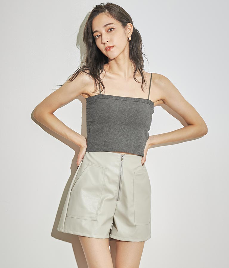 ジップデザインフェイクレザーハイウエストショートパンツ 152-5439