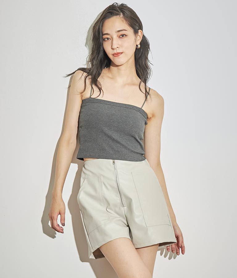 ジップデザインフェイクレザーハイウエストショートパンツ 152-5439