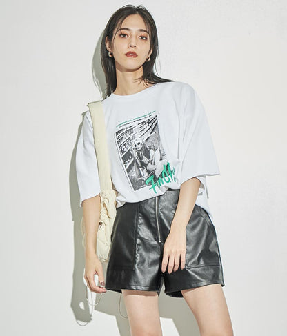 ジップデザインフェイクレザーハイウエストショートパンツ 152-5439