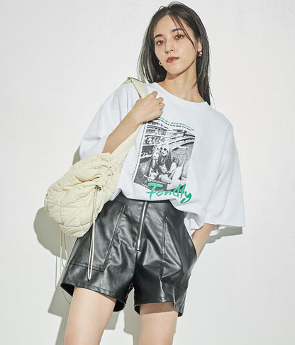 ジップデザインフェイクレザーハイウエストショートパンツ 152-5439