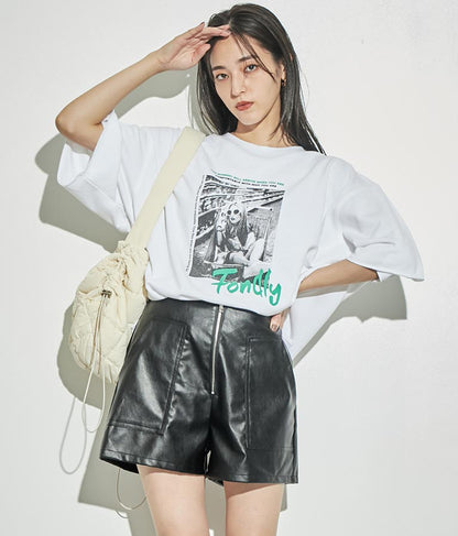 ジップデザインフェイクレザーハイウエストショートパンツ 152-5439