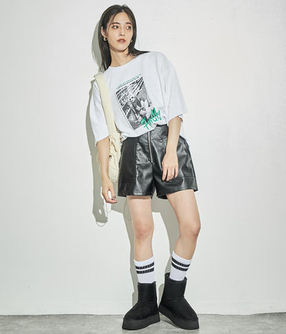 ジップデザインフェイクレザーハイウエストショートパンツ 152-5439