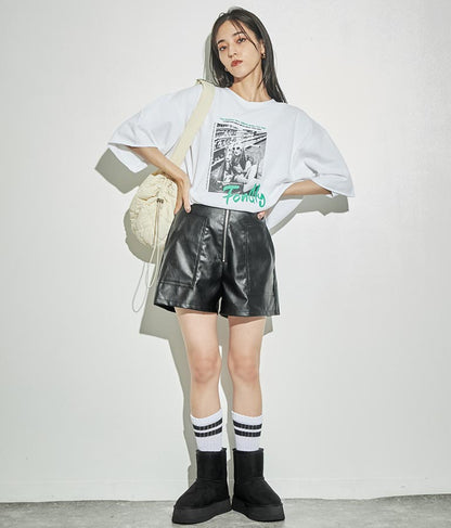 ジップデザインフェイクレザーハイウエストショートパンツ 152-5439