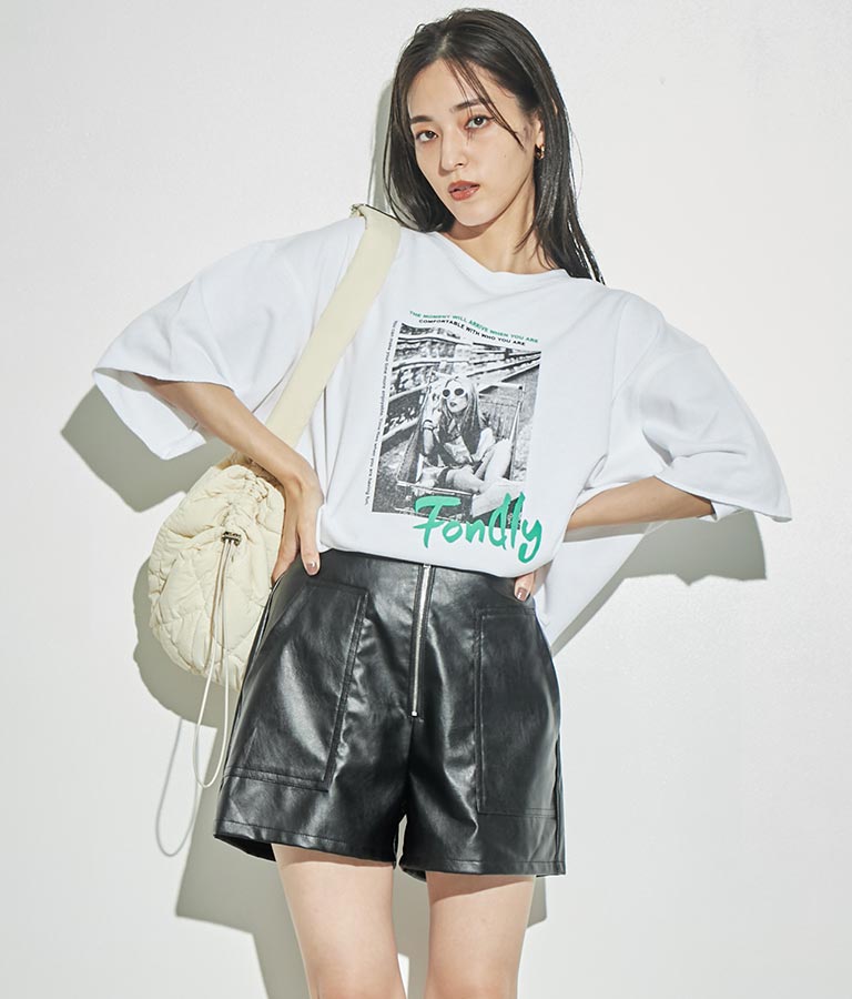 ジップデザインフェイクレザーハイウエストショートパンツ 152-5439