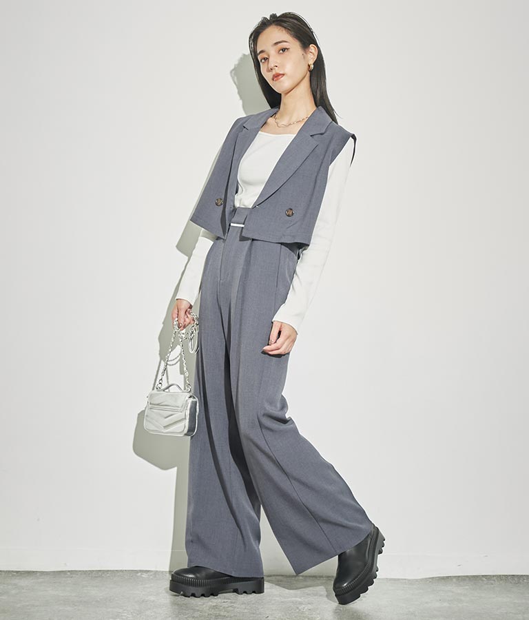 ウエスト ベルトテープ デザイン ワイドパンツ【セットアップ着用可】 792-8976