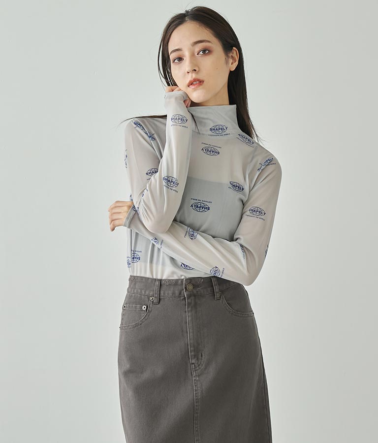 ロゴプリントシアーハイネックトップス