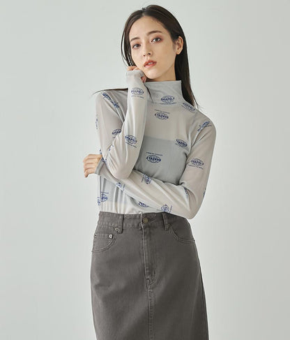 ロゴプリントシアーハイネックトップス