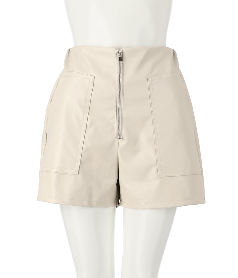 ジップデザインフェイクレザーハイウエストショートパンツ 152-5439