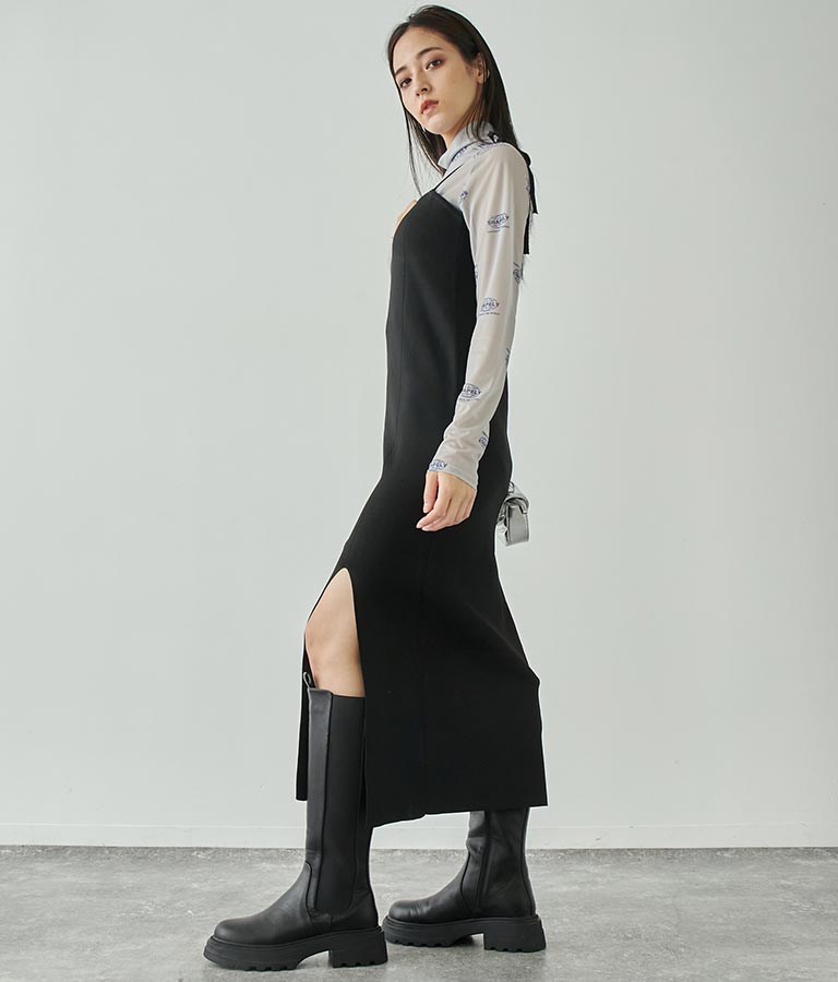 スポンジニットキャミソールロングワンピース ノースリーブ