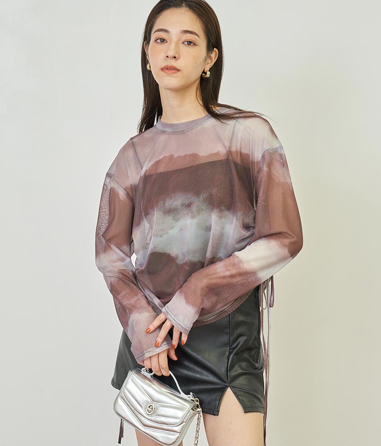 ニュアンス柄サイドシャーリングシアートップス 153-5494